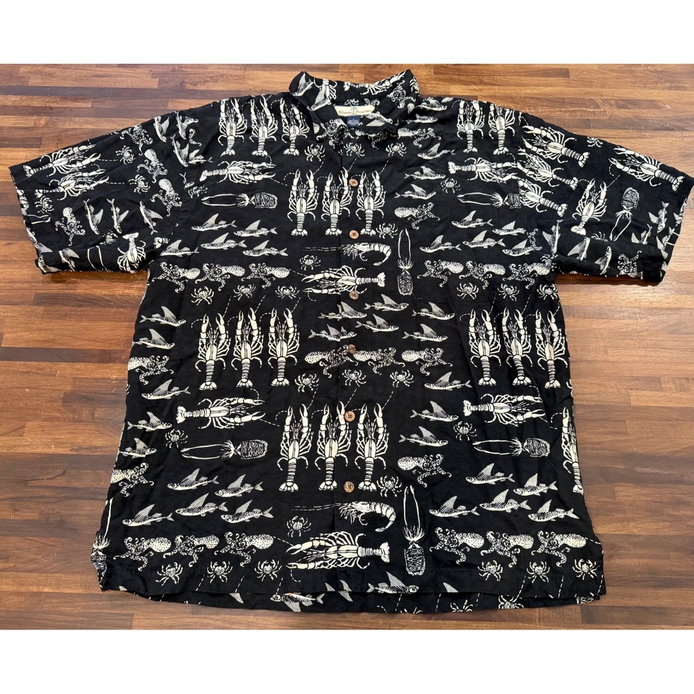 Tommy Bahama Mens Large Black Silk Lobster Sea Life Print Button Up Camp Shirt